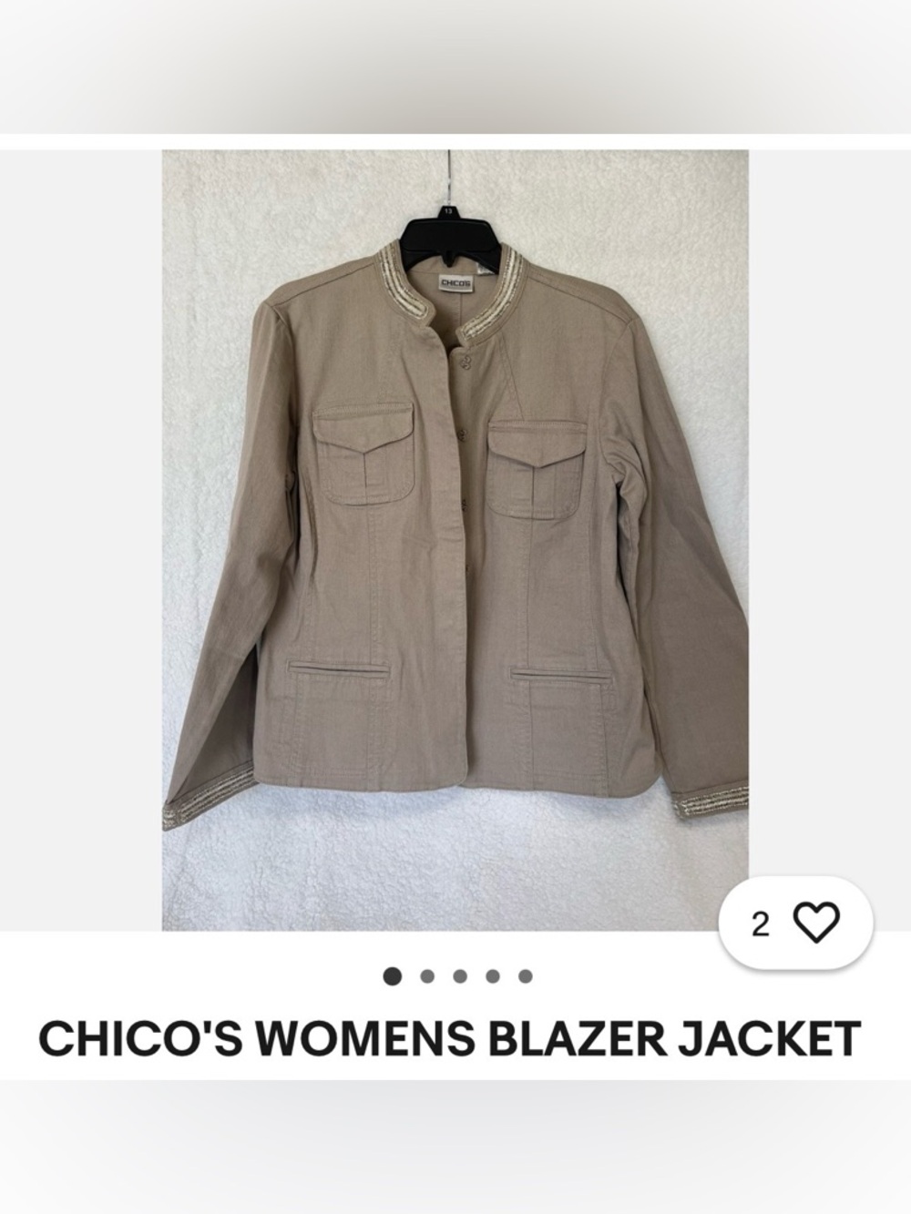 Chico's Taupe Beaded Collar Jacket size 3